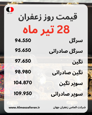 جدول قیمت زعفران 28 تیر 