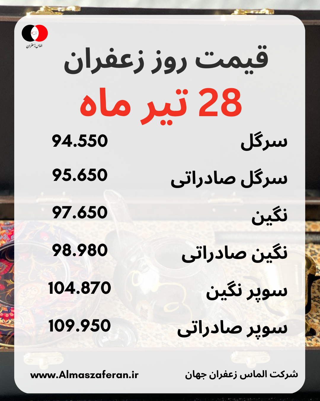 جدول قیمت زعفران 28 تیر